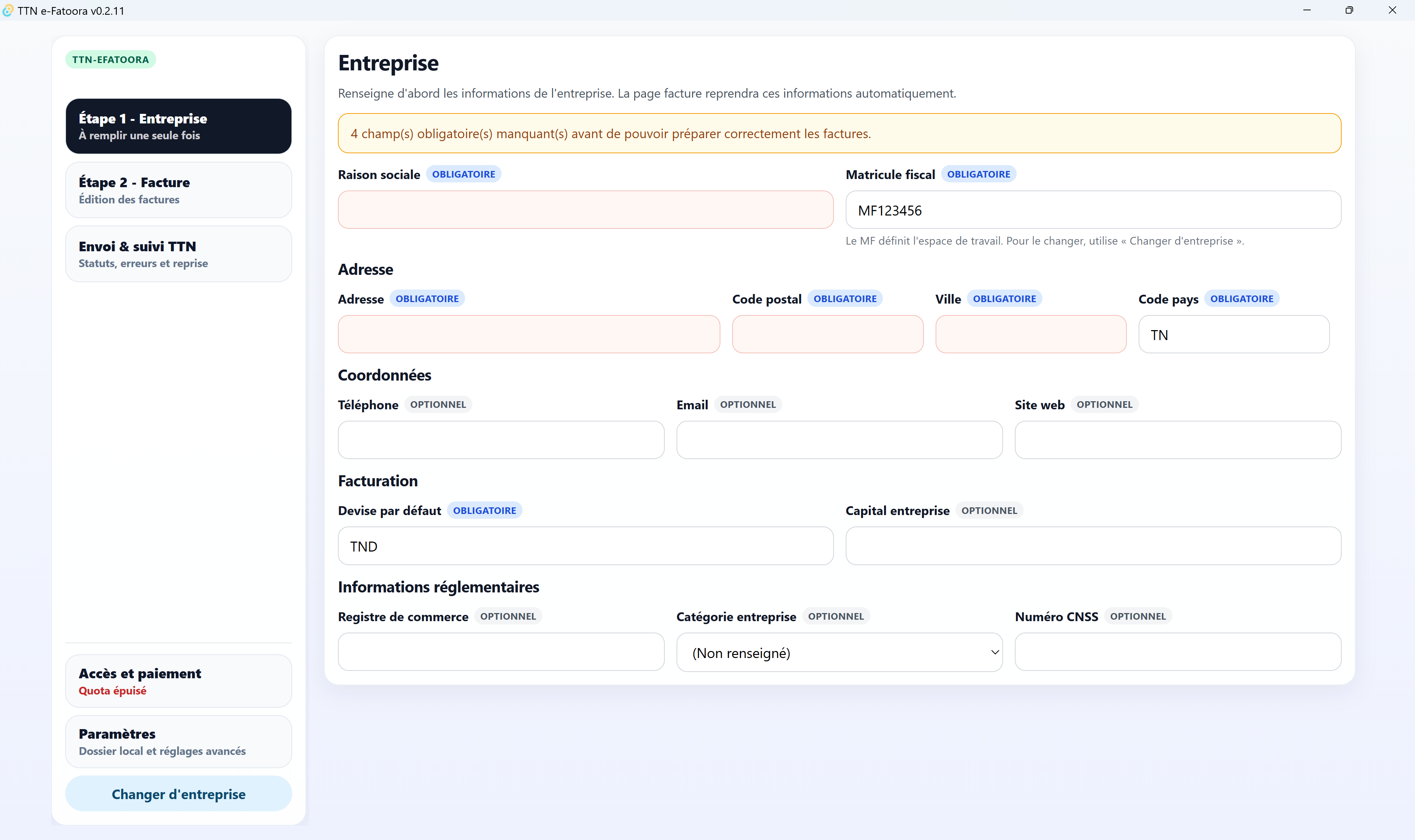 Fiche entreprise TTN e-Fatoora