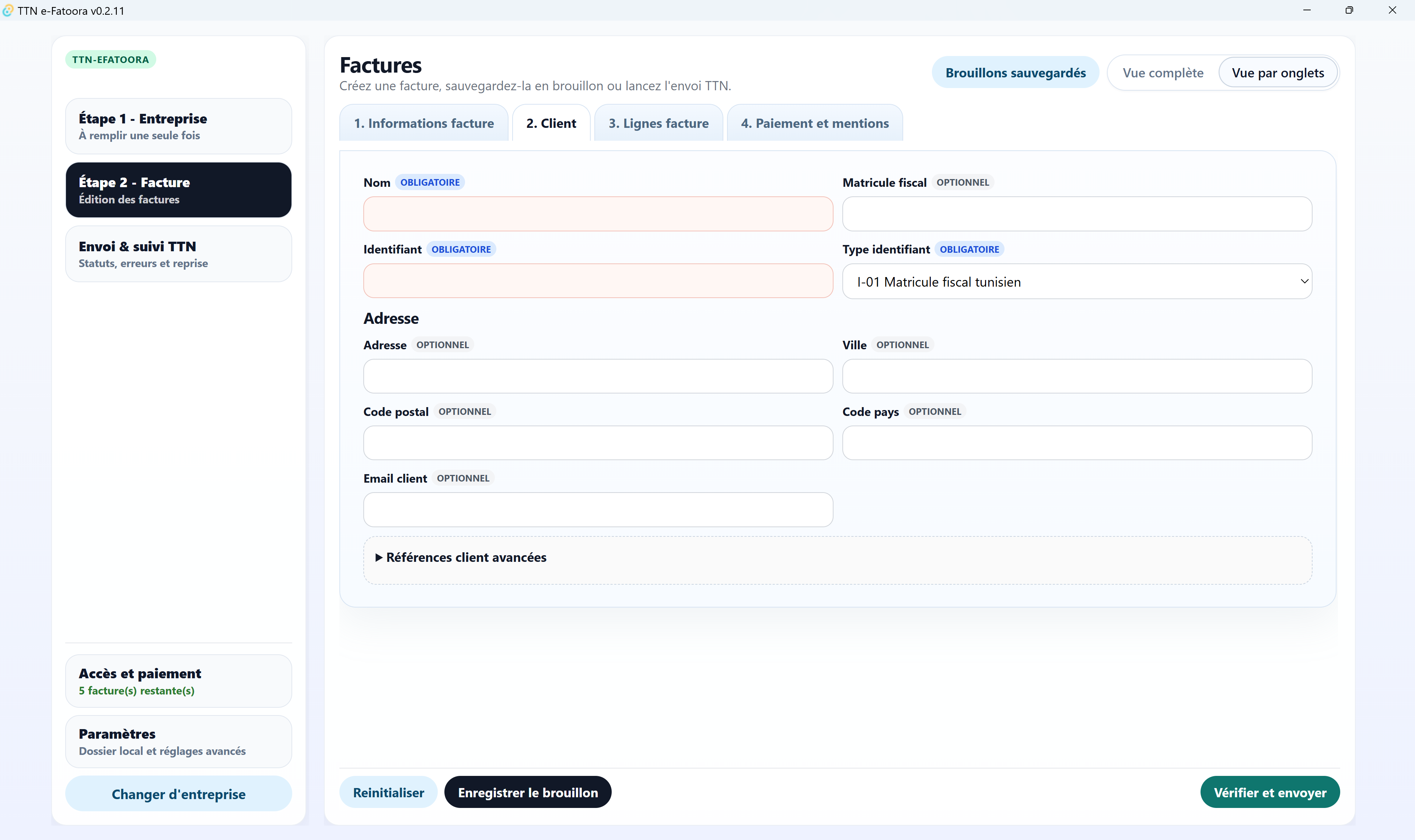 Bloc client dans le formulaire facture TTN e-Fatoora